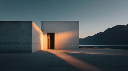 Minimalist architecture bathed in golden sunlight near a tranquil mountain lake