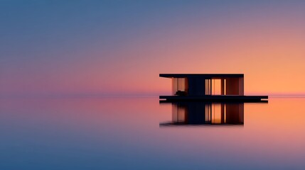 Minimalist architecture reflected in tranquil waters under a pastel sunset sky