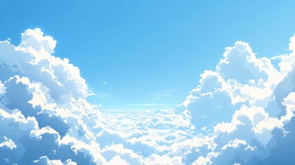 A vibrant, high-altitude view of fluffy clouds against a bright blue sky.