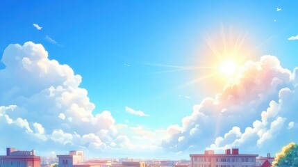 Sunny cityscape with fluffy clouds.