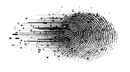 Abstract fingerprint dissolving into digital pixels, suggesting data loss or transformation; grayscale; high contrast