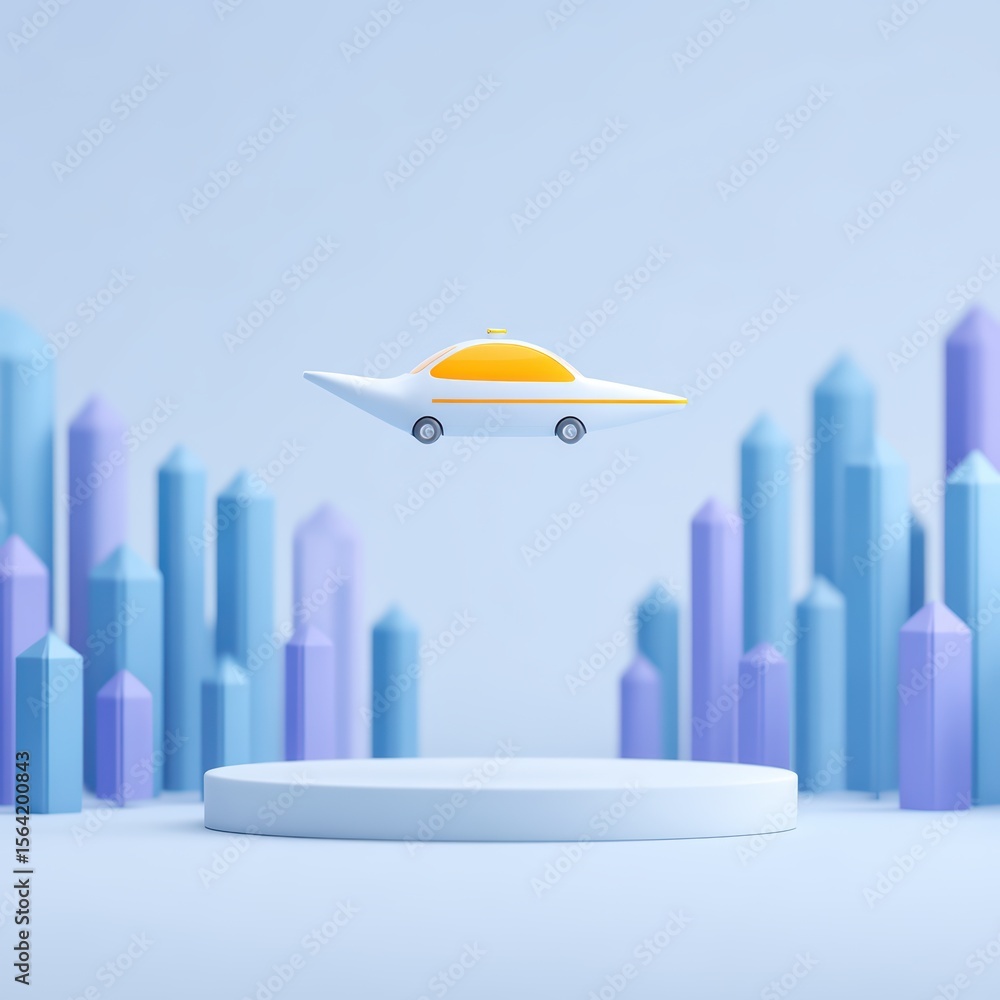 Poster modern futuristic vehicle floating above colorful geometric structures in abstract setting