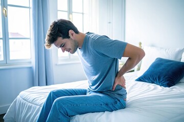 Young Man Experiencing Back Pain While Sitting on Bed in Bright Bedroom