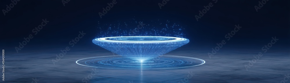 Poster futuristic digital energy portal with glowing particles emanating from a circular base in a dark env