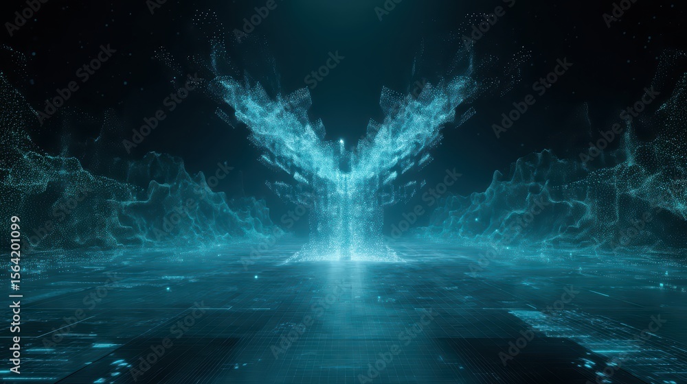 Poster ethereal digital phoenix rising from abstract data patterns in futuristic landscape