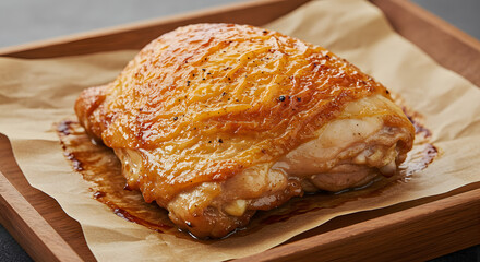 Delicious Roasted Chicken Thigh on Parchment Paper in Wooden Tray: Golden Brown, Juicy, and Ready to Eat for Culinary or Food P...