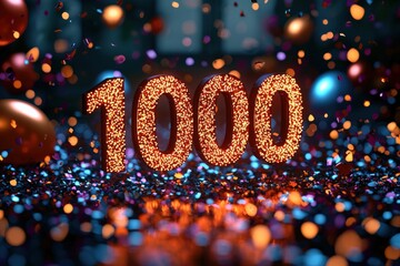 Celebratory 1000 Number Display with Colorful Confetti and Sparkling Lights for Milestones and Anniversaries