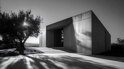 Monochrome marvel: Modern architecture meets organic nature in a sunlit landscape