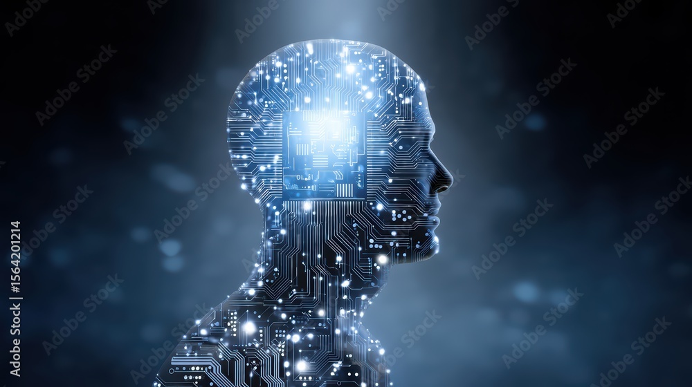 Poster human silhouette with circuitry and microchip design emphasizing artificial intelligence and technol