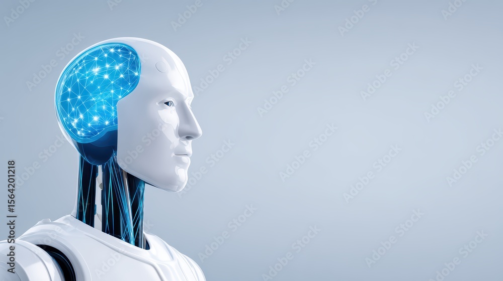 Poster futuristic humanoid robot head with illuminated neural network design showcasing advanced artificial