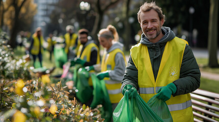 Man smiling while participating in community cleanup in a park