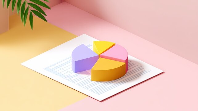 Colorful 3D Pie Chart on a Document with Modern Background and Green Leaf Decoration