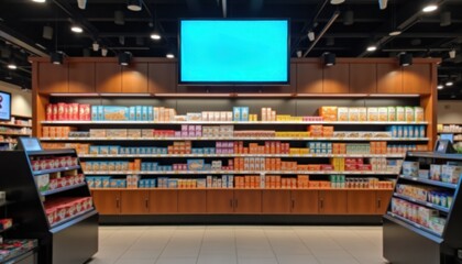 Store shelves filled with colorful products and digital display above  