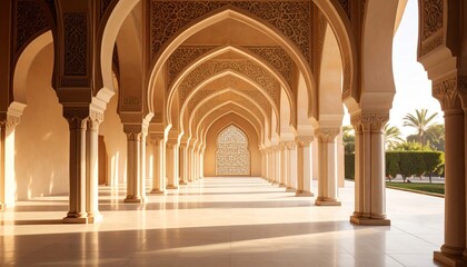 Fototapeta premium Serene architectural interior of a grand hall with intricate arches and soft lighting