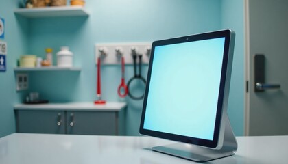 Modern touchscreen tablet on kitchen counter in bright interior  