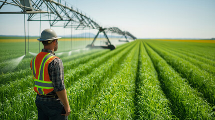 Male farmer inspecting irrigation system in vibrant green field  