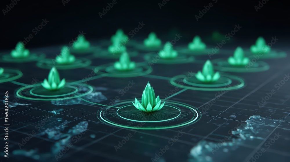 Poster futuristic representation of crystal-like structures in a digital network with geometric circles and