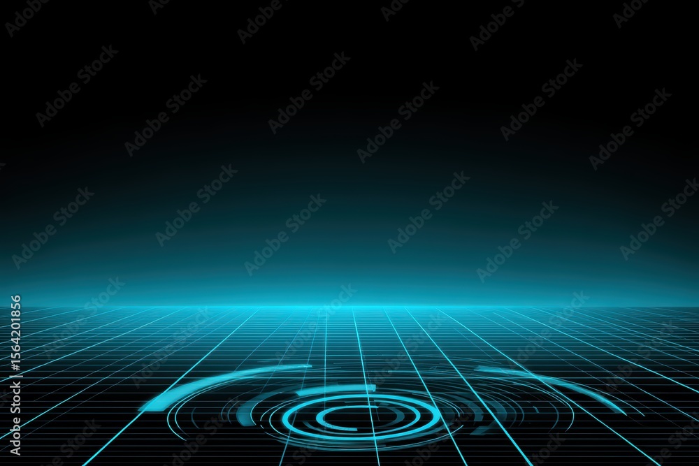 Poster abstract digital landscape with glowing grid and circular wave patterns on a dark background, futuri