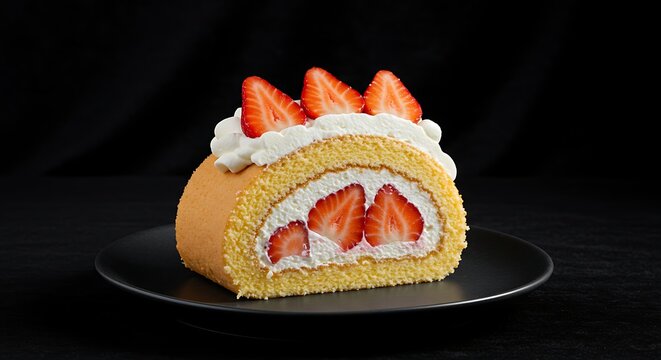 Strawberry Cream Roll: A tantalizing slice of strawberry cream roll cake on a sleek plate, its soft sponge cake spirals around a luscious filling of fresh strawberries and whipped cream. - Powered by Adobe