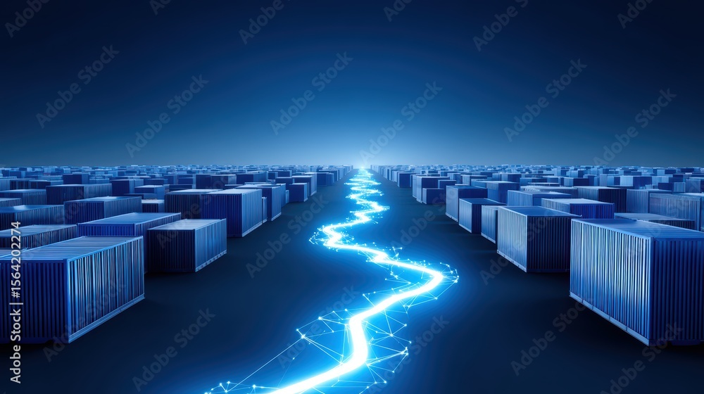 Poster digital network connecting a vast shipping container landscape, symbolizing innovation in global log