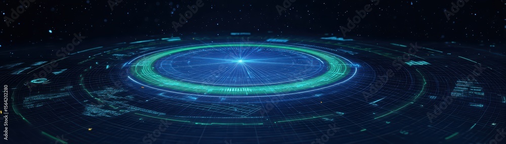 Poster futuristic digital dashboard interface with circular display and data visualizations in space backgr