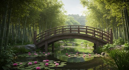 Fototapeta premium Serene Wooden Bridge Over a Lily Pond in a Bamboo Grove