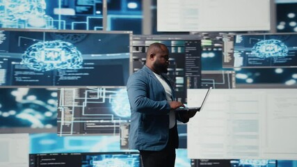 Black IT engineer working in a digital environment with programming language and data science algorithm. Specialist reviews code development, automation and innovation. Coding life. Camera A. - Powered by Adobe