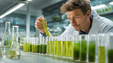 Scientist examining green algae samples in laboratory setting  