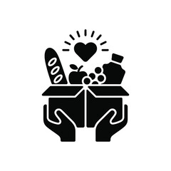 Hands holding a donation box filled with food and a heart symbol above