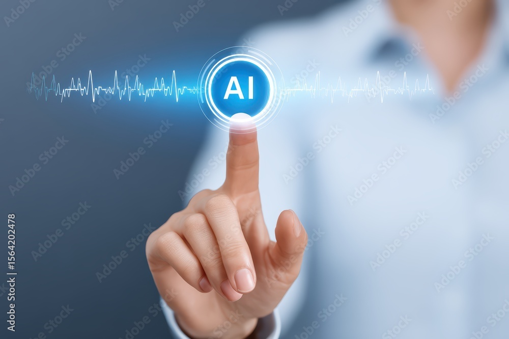 Poster hand pointing to ai button with sound wave visualization in background for technology and innovation