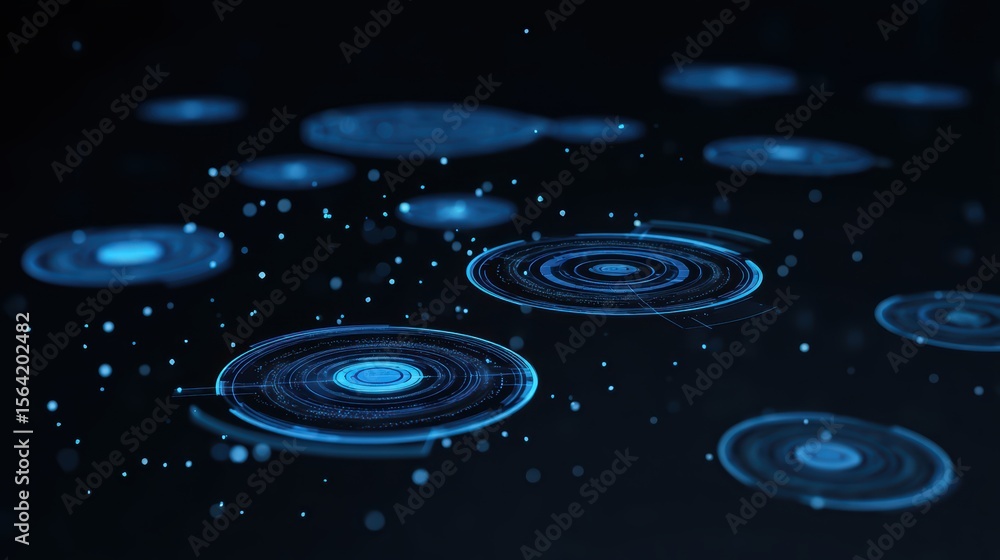Poster abstract blue circles and light dots on a dark background representing technology and innovation vis