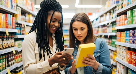 Two women shop in a grocery store aisle. One holds a phone, the other reads a yellow box. They appear to be comparing information.