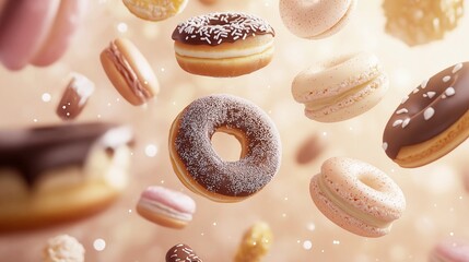 Variety of floating donuts and macarons