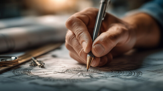 Hand holding pen while sketching technical drawing on paper  