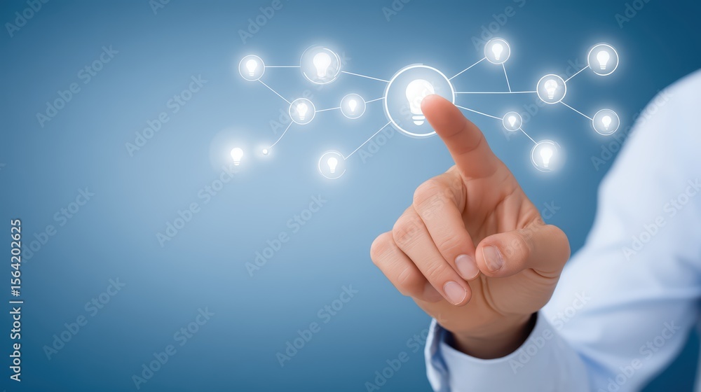 Poster hand reaching towards digital network icons representing connectivity and technology in a modern app