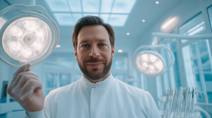 Male surgeon smiling while holding surgical light in operating room  