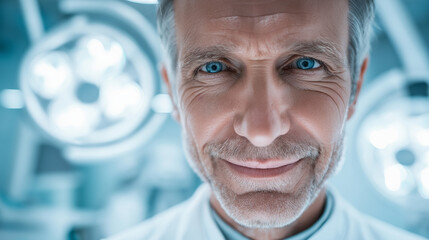 Male surgeon smiling confidently in a bright operating room  