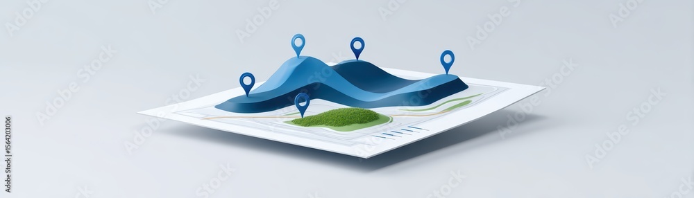 Poster 3d map visualization with location pins representing topography and terrain analysis for geographic 