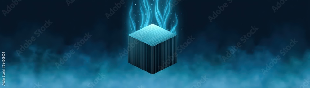 Aufkleber futuristic floating cube with blue light effects and mist in a dark background for technology or sci