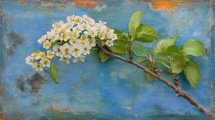 Stunning White Blossoms on Rustic Blue Background Spring Branch