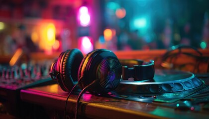 Colorful DJ headphones rest on DJ console in dimly lit smoky nightclub. Vibrant neon lights create dynamic atmosphere. Music likely playing. Nightlife scene. Electronic music. Tech tools. Party.