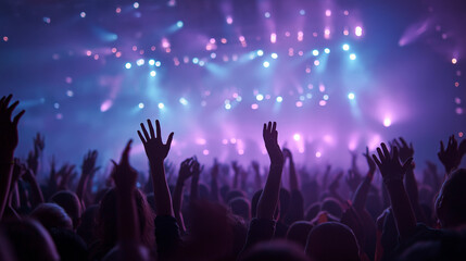 Crowd raising hands at a concert with colorful lights in background  
