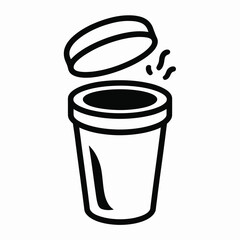 Black and white icon of a trash can with the lid open and steam rising