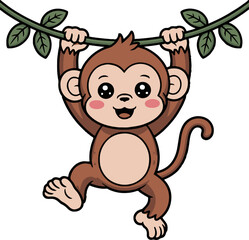 Cartoon monkey hanging from a vine with leaves and a white background looking cute and happy in detail