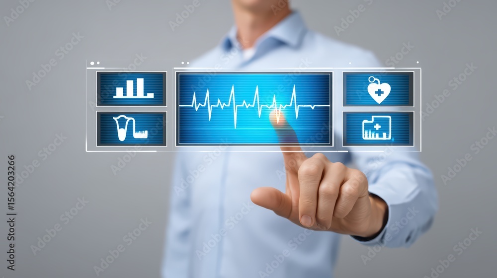 Poster man using touchscreen interface to monitor health metrics and data analysis in medical technology