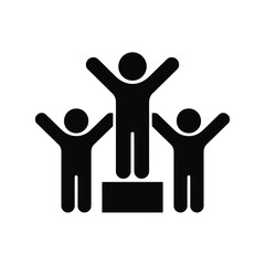 Three figures celebrating victory on a podium with raised arms