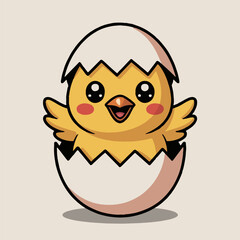 A cartoon chick with rosy cheeks emerging from a cracked egg with a cheerful expression on its face
