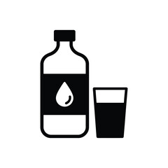 Simple black icon of a water bottle with a drop symbol next to a glass