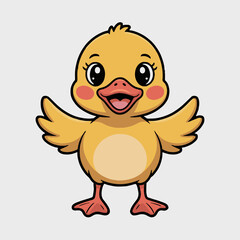A cartoon yellow duckling with red cheeks and feet standing with its wings spread on a white background