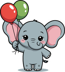 A cartoon elephant holding a red and green balloon with a white background in a digital vector